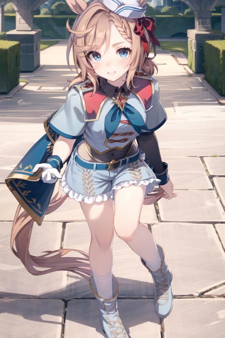 best quality,masterpiece, high res,original, beautiful detailed eyes,ultra-detailed, extremely detailed face, Vnus Parc \(umamusume\), gloves, white gloves, socks, hat, single glove, shorts, boots, white socks, kneehighs, belt, frills, white footwear, jacket, bow, short sleeves, single sleeve, cropped jacket, asymmetrical gloves, mismatched gloves, bodystocking, blush, smile, looking at viewer,  standing, outdoors, detailed background, grass, lawn
<lora:Vnus Parc-000030:0.9>