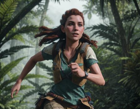 Aloy running through a dense jungle