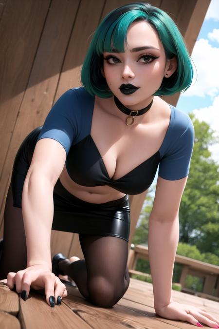 (masterpiece, best quality:1.2),  <lora:gwen_(total_drama):1>, gwen (total drama), 1girl, pantyhose, breasts, solo, cleavage, skirt, green hair, black nails, choker, short hair, black skirt, makeup, brown eyes, gothic, black choker, medium breasts, thighs, green lips, knee boots, lipstick, navel, bangs, midriff, miniskirt, nail polish, lips, black lips, shirt, parted lips, pencil skirt, brown pantyhose, eyeshadow, dutch angle, cropped legs, all fours, outdoors