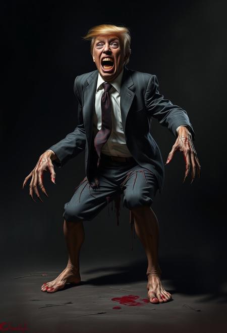 A full-body character portrait viewed from the knees up, set against a dark, shadowy background with ample negative space around the figure, illuminated by a faint, eerie backlight.
The subject is a zombie version of Donald Trump depicted in a slightly exaggerated and hyperbolized style. His tattered, bloodstained suit hangs in disarray, barely clinging to his decayed frame, while his bare feet press into the ground with unsettling realism. His grotesquely twisted posture reveals a deeply contorted spine, creating a hunched, predatory stance.
One arm stretches forward unnaturally, claw-like fingers reaching out as if grasping for something unseen, while the other dangles stiffly at his side, motionless and lifeless. His legs are bent inward, crouching low in a menacingly spring-loaded pose. His head tilts unnaturally to one side, mouth gaping in a jagged, predatory snarl, revealing crumbling, rotting teeth.
His expression is a chilling blend of confusion and mild aggression, his vacant, milky eyes staring out into the void. The gritty and raw atmosphere heightens the sense of impending danger, the dim backlight casting sharp shadows that emphasize the grotesque details of his decayed form.