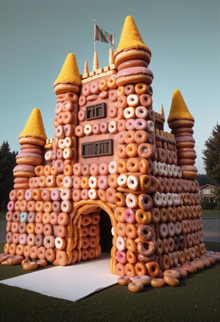 grand Abstract, Industrial Art, award winning, Street level shot of a beefy Nigerian (d0nu71f13d,made of doughnuts,score_9, score_8_up, score_7_up, score_6_up, doughnut castle, made entirely of donuts:1.3) Bollywood Dancer, she is very Arcadian and Award-Winning, she is eating fennel, she has a very sad smile, she is wearing her Mushroomcore fashion style Bodycon dress, she has Rainbow hairstyle, she has a good-looking Mechanical Body Parts, lush lake with Bouquet, at Dawn, in focus, cinema art, (cinema art by The Coen Brothers:0.8) , (Xavier Dolan:1.1) , Ultra Real, Dark and Gritty, glowy Luminescence, Low shutter, Mono Color, symbolism, vibrant, realistic pleasant face, pale skin, artstation, Unsplash