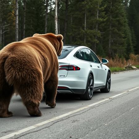 white Tesla auto being pulled by a large bear along a road in poor repair