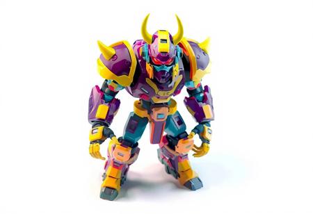 The image features a vibrant Cyber Ogre robot in a dynamic action pose, with a striking color scheme of purple, yellow, blue, and red. The robot, standing against a stark white background, is the sole focus, highlighting its intricate design and lifelike details. The isometric view showcases the robot's detailed face, clothes, and body, while the captivating lighting enhances its expressive eyes. The image exudes a sense of stillness before action, with the robot poised and ready. The composition, color harmony, and impeccable editing reflect an attractive background, creative angle, and well-timed moment, as if straight from a CGSociety or Artstation trending post.