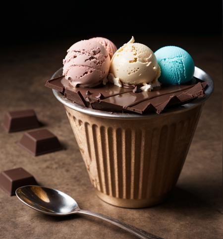 ice cream, chocolate,  intricate detail ,dark background , HD. Photography, table