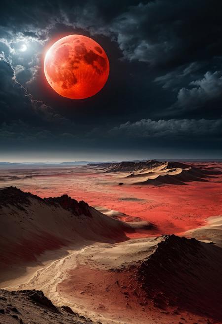 A barren open desert, cracked earth, tall dunes. The horizon stretches away and the land is lifeless. The sun is dark in an eclipse and hangs in the sky. Epic clouds frame the sky and give an ominous feeling to the scene. A red moon. Dramatic lighting on the features of the landscape.