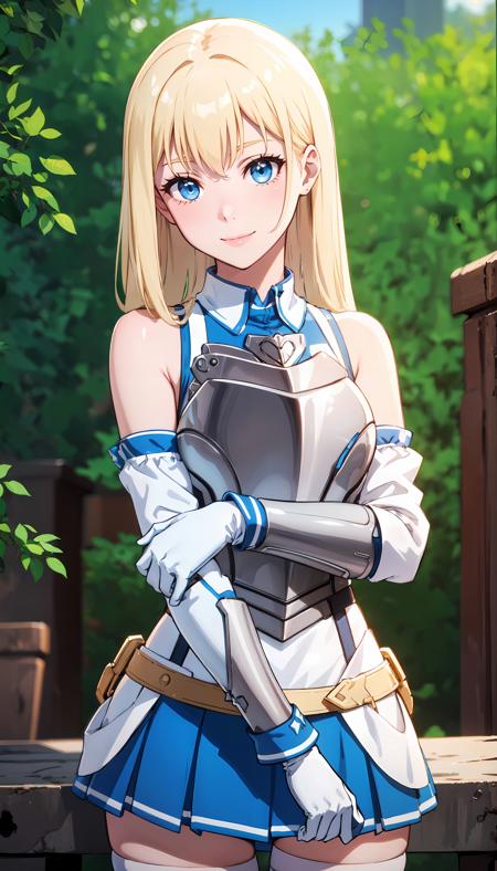 photorealistic, (4k), depth of field, (Masterpiece), (realistic skin texture), extremely detailed, intricate, hyper detailed, high resolution, professional photography, bokeh, sharp detail, best quality, girl, long hair, blonde hair, blue eyes, blue and white armor, breastplate, blue miniskirt, bare shoulders, detached sleeves, white gloves, white thighhighs, <lora:Roxy Hart-000004:0.7> , heart arms ,