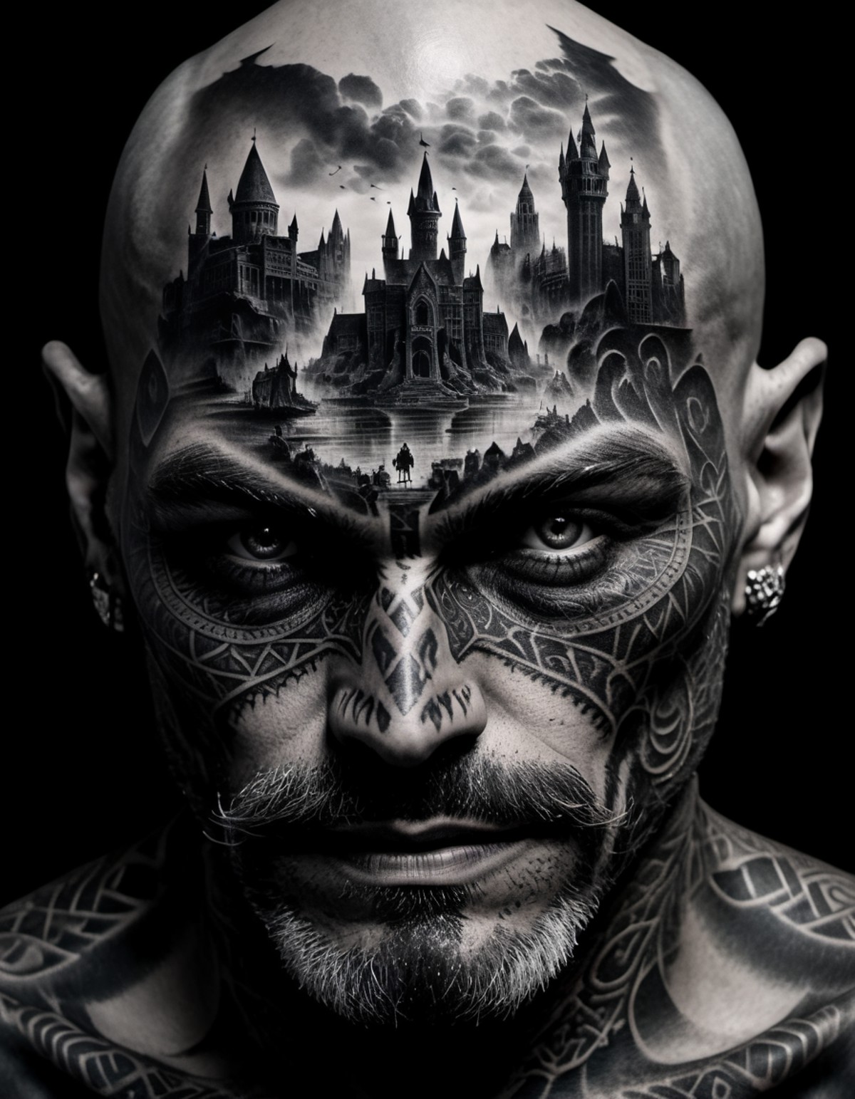 double exposure, black and white pencil sketch extreme side closeup of a wizards face with black tattoos, mountains,  blac...