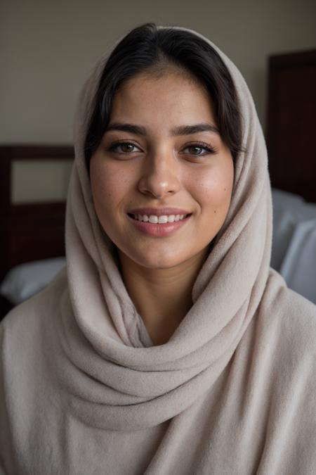 portrait photo, 30 yr old pakistani woman, (Skin texture style:1.1), (Detailed skin:1.1), (Skin pore:1.1),  <lora:skin texture style sd1.5 v1:0.7>, , black hair, (dark brown eyes:1.2), knowing smile, hijabi bedroom, night, RAW photo, 8k uhd, dslr, soft lighting, high quality, film grain, Fujifilm XT3