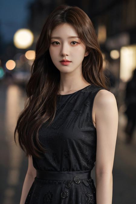 ((upper body:1.2)), nikon RAW photo, 8 k, long hair, Fujifilm XT3,masterpiece, best quality, realistic, photorealistic, ultra detailed, extremely detailed face, solo,1girl, standing, fashionable and trendy atmosphere, and a stylish expression on her face, close up, black dress, walking, at the dark streets, moonrise, sleeveless, fabric clothes,<lbm=FACES>