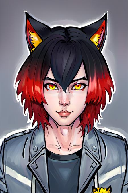 Duskfallcrew Art Style,  solo,  looking at viewer,  simple background,  shirt,  two tone hair,  gradient hair,  black hair,  red hair,  red eyes,  1boy,  animal ears,  jacket,  yellow eyes,  male focus,  parted lips,  cat ears,  heterochromia,  grey jacket,  masterpiece,  official art, <lora:EMS-60531-EMS:0.800000>