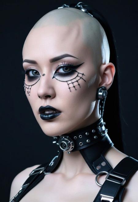 (masterpiece, best quality, absurdres, 4k, aesthetic, detailed, intricate), a close up of a woman with piercings on her face, cyberpunk art, inspired by Hedi Xandt, gothic art, black leather harness, singularity sculpted 0 etsy, barbie cyborg, ray swanland, symmetrical vogue face portrait, female alien, wearing gothic accessories, artstyle tom bagshaw, asian nymph bald goddess, fantasy character photo, harness