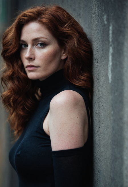 ((full body)), massive wavy auburn hair, (freckles:0.5), (melancholic),((daydreaming)), unkempt, (wide cheekbones), (round face), (professional magazine cover photo), (skin moles), (skin pores), (cinematic), bokeh, curvy 40 years old sturdy semetic woman, leaning at wall in narrow foggy moody alley,  looking over shoulder, dark primed wall, strong eyebrows, wide cheekbones, big black eyes, black sleeveless cozy body tight turtleneck,