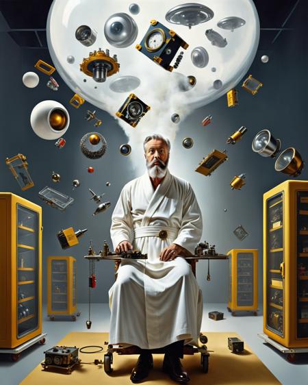 a man in a white robe and a beard, Hardware > Tools > Compactors floating in the air:1.3, Alice Prin, surreal photography, a surrealist painting, art photography, promotional image, a hyperrealistic painting, hyperrealism, panfuturism , <lora:Photo_Fantasy:0.8>