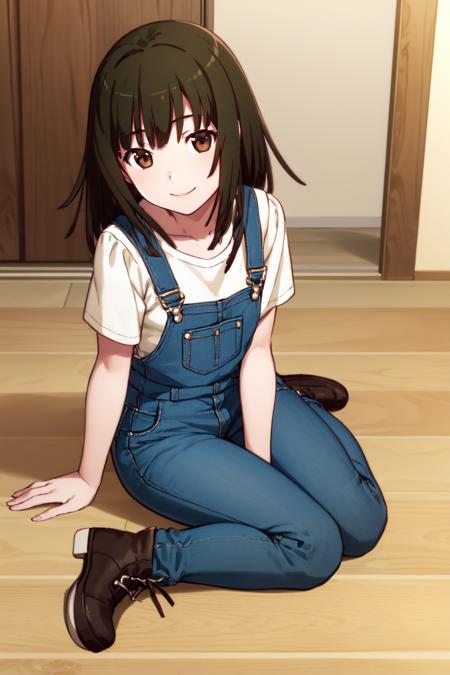 nadeko01, 1girl, solo, looking at viewer, medium hair, brown hair, brown eyes, bangs, overalls, blue pants,
smile,
sitting, wariza,
indoors, wooden floor,
<lora:nadeko-sengoku-v1:0.9>