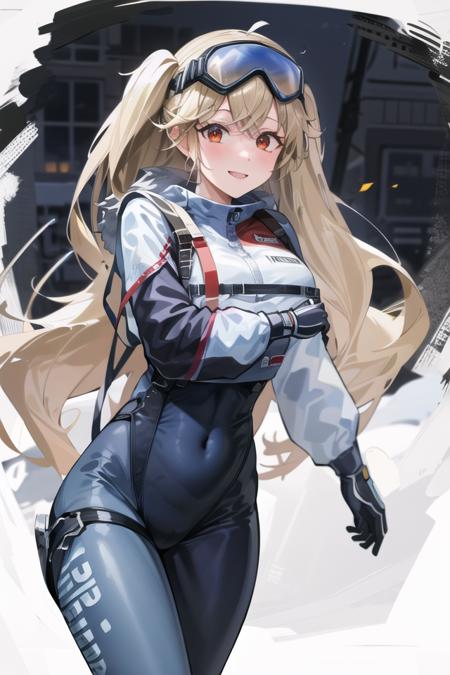 (masterpiece:1.3), best quality, high quality, absurdres, 1girl, solo, (cowboy shot), twintails, goggles, blue bodysuit, cropped jacket, crotch cutout, clothes writing, two-tone gloves, sneakers, large breasts, sitting, blush, smile, simple background, white background, <lora:blcrazln_prerelease:1>