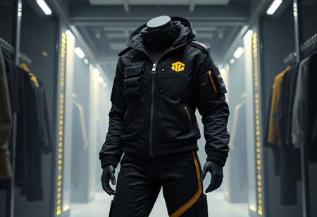"8K UE5/Octane render of a 'Symphonic Warrior Synthess' in an Appliancer Electrilyrical World, showcasing a black tactical jacket/pants set with yellow accents (chest logo, side stripe). Cinematic three-point lighting highlights nanite-textured fabrics, ray-traced zipper details, and Houdini-style cloth physics on display rack garments. Post-processed with Kodak film grain, custom LUT for high contrast. Tags: #CyberFashion #CharacterDesign #ConceptArt."