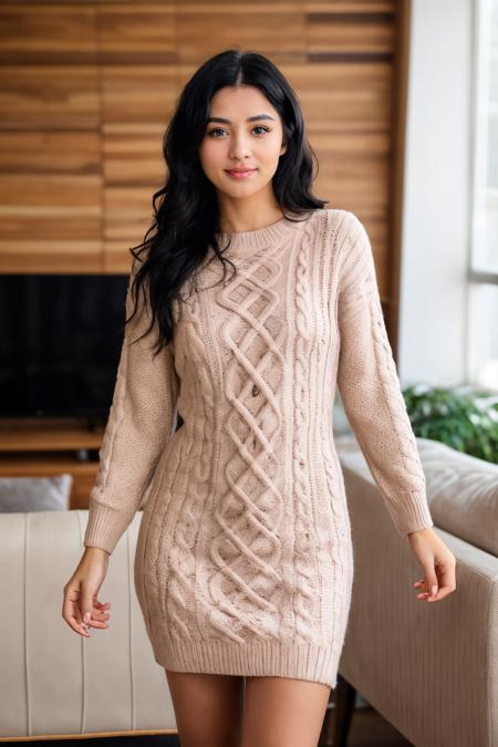 a beautiful college girl with black-hair and blue-eyes, irresistible, standing in living room, ideal cute face, (casual:1.2), wearing tight knitted sweater dress, pale skin, blush, detailed skin, innocent, natural lighting, film grain, retro, (bokeh:1.3), Porta 160 color, shot on ARRI ALEXA 65, sharp focus on subject, Fujifilm XT-3, <lora:picxer_real:0.8>,  <lora:btknswea:0.7>