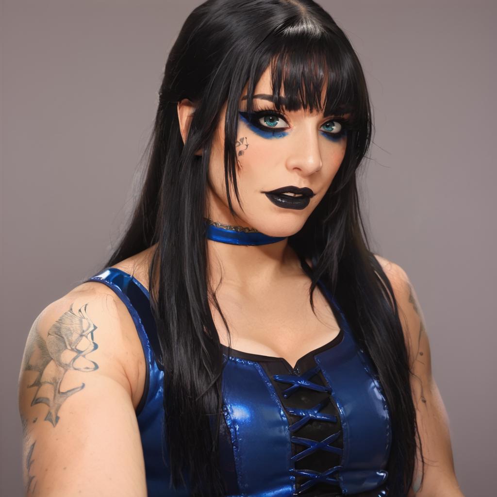 sacore_9, masterpiece, score_8, best quality, <lora:Pony_Tatum_Paxley:1>, t@tump@x, 1girl, solo, black hair, tattoo, makeup, long hair, choker, lipstick, bangs, black lips,  arm tattoo,  wrestling outfit,blue wrestling outfit, upper body, realistic, looking at viewer