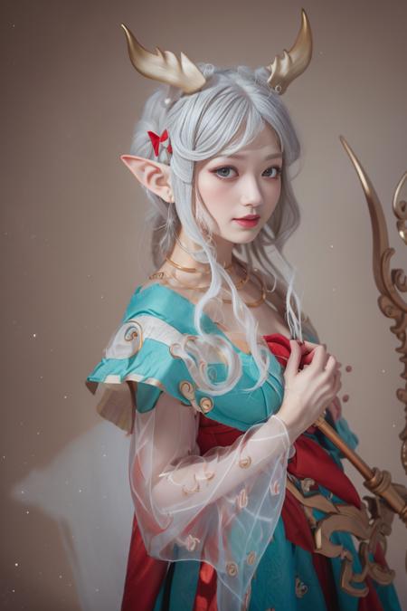 masterpiece, best quality,
solo,blush,
upper body, 
1gir,yaoyao,silver hair,dress,pointy ears,(blue bow capelet:1.1),white horns,one hand holding staff,
standing, looking at viewer, 
white simple background, 
<lora:yaoyao_v0.4:1>