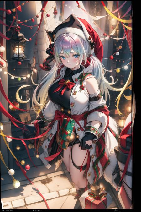 1girl, bangs, multicolored hair, multicolored eyes,  bell, black border, blue eyes, breasts, candle, christmas, christmas lights, christmas ornaments, christmas tree, fire, gloves, hat, horns, lantern, letterboxed, long hair, looking at viewer, pillarboxed, santa hat, solo, <lora:Cupitan:1>