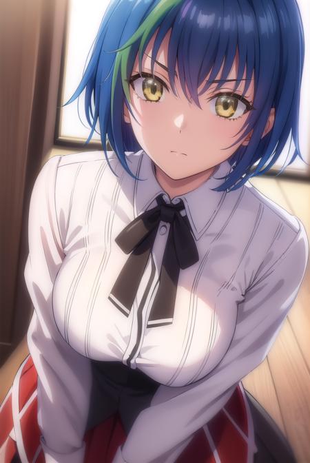 xenoviaquarta, <lora:dxd xenovia quarta anime s2-lora-nochekaiser:1>,
xenovia quarta, short hair, blue hair, (yellow eyes:1.5), multicolored hair, green hair, two-tone hair, streaked hair,
BREAK shirt, ribbon, school uniform, white shirt, black ribbon, neck ribbon, capelet, black capelet, long sleeves, skirt, red skirt,
BREAK indoors, classroom,
BREAK looking at viewer, (cowboy shot:1.5),
BREAK <lyco:GoodHands-beta2:1>, (masterpiece:1.2), best quality, high resolution, unity 8k wallpaper, (illustration:0.8), (beautiful detailed eyes:1.6), extremely detailed face, perfect lighting, extremely detailed CG, (perfect hands, perfect anatomy),