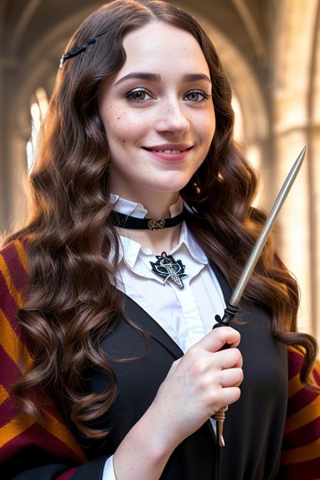 photo of pale woman long curly brown hair, griffindor witch, freckles, choker (hogwarts robe:1.1), (holding a wand:1.1) (black eyeshadow), (background bokeh hogwarts hallway), (character design by greg rutkowsky and ilya kuvshinov and artgerm:0.5), (naughty smile:1.1), (focus on the eyes), Key light, (natural light), soft focus, Cinematic portrait photography by Harry Potter, (visible pores:0.3) (high detailed skin:0.9), 4k high quality