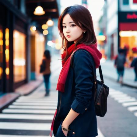 A young woman standing on the street, blur background, beatiful, photorealistic