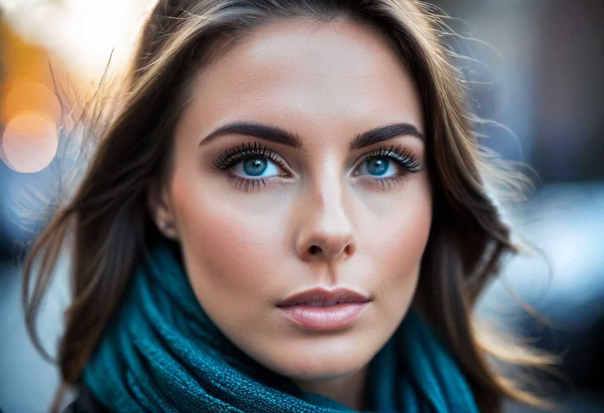 Close-up of a young woman's face partially obscured by a dark teal scarf, highlighting her striking blue eyes, long eyelashes, and well-defined eyebrows. The focus is sharp on her eyes with a soft bokeh background that creates a shallow depth of field. Her brunette hair frames her face, and the image has a cool color tone with a natural light setting. The composition is centered, creating an intimate and engaging portrait with a sense of mystery.