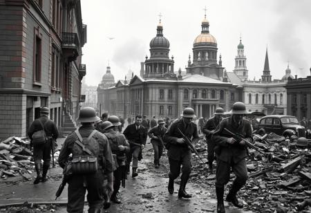 ww2, land war, scene, british soldiers, takein cover, war torn cityscape, russia,