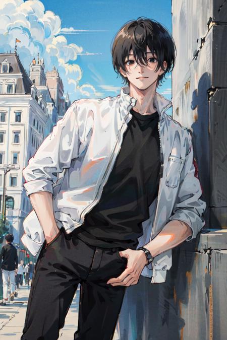 (masterpiece, best quality), illustration,  <lora:chainsawman_yoshidahirofumiv1-000035:1>, yoshida hirofumi, 1boy, ((black shirt, white jacket:1.1)), ((black pants:1.1)), long sleeves, yoshida_(casual), cowboy shot, city, outdoor, smile