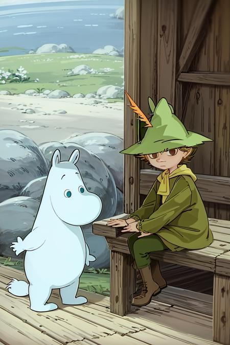 multiple, moomin, snufkin, 2boys, outside, sunny