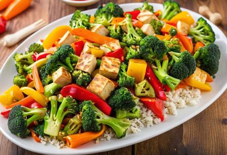 A colorful and vibrant image of a vegetarian stir-fry dish, featuring an assortment of fresh vegetables such as bell peppers, broccoli, carrots, and tofu. The dish should be presented in a visually appealing manner, 8k resolution,