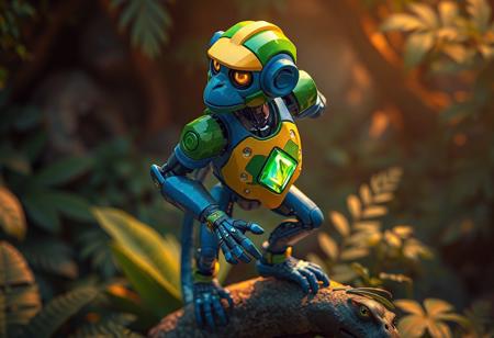 epic details Vibrant blue Acrobat Monkey robot with green helmet, yellow visor gleam, green limbs, yellow chest plate, green gem sparkle, stands proudly on a jungle dweller. Poised for action, head turned left. Lush jungle setting. Isometric view, dynamic pose, cinematic lighting, depth of field. Concept art, Octane Render, Unreal Engine, trending on Artstation, Golden Ratio composition, intricate detail.
