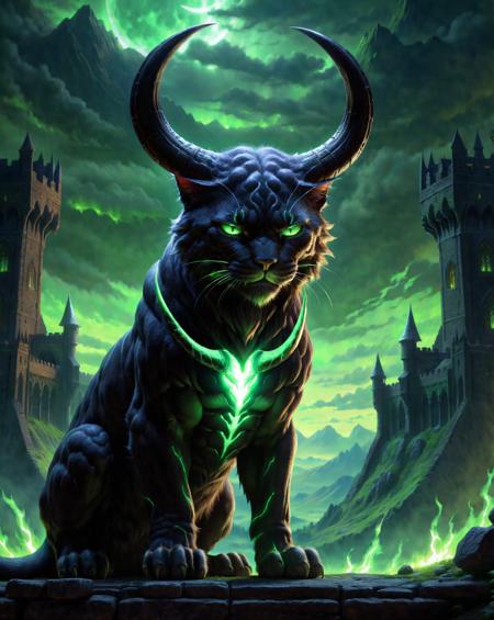 cinewow demon cat,((masterpiece)),(best quality),awardwinning,trending on artstation <lora:cinewow:0.8>,castle in the background,cinematic,green glowing effects,horns