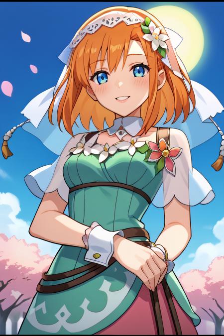 shara, orange hair, blue eyes, medium hair light green dress, straps, detached collar, lace veil, flower petals around chest, wrist cuffs, pink skirt, green skirt, sandals