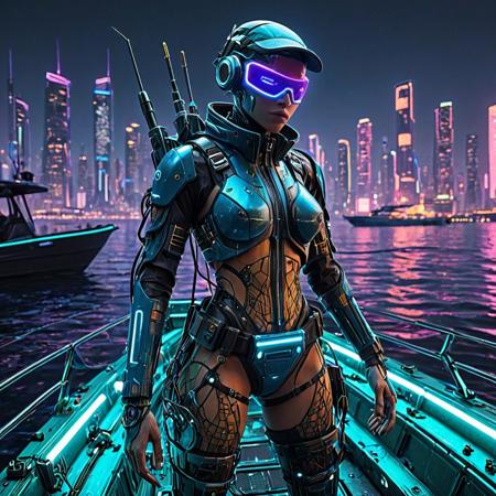 A futuristic android fisherman with a sleek, metallic humanoid design, integrated with subtle aquatic features (e.g., fin-like accents, glowing blue circuits), preparing for fishing on a high-tech boat at sea. The android wears a cyberpunk-inspired fisherman outfit (waterproof techwear jacket, utility belt, no exposed skin or nipples), handling advanced fishing gear (e.g., holographic nets, sonic harpoons). The ocean is vast, with bioluminescent waves under a neon-lit cyberpunk sky. The boat is sleek, with glowing panels and robotic drones assisting. Background features a distant cyberpunk coastal city with neon skyscrapers and floating platforms. Ultra-detailed, 8K resolution, cinematic lighting, vibrant neon colors (blue, purple, green), gritty yet futuristic cyberpunk aesthetic, PG-13 safe,
8k, score_9, score_8_up, score_7_up,
masterpiece,realistic,ultra detailed, vibrant colors,photo-realistic,
Transistors