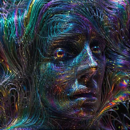 professional 3d model Abstract style mysterious figure emerges from the shadows in a tangled mess of iridescent wires and glowing mesh, colorsplash 1girl, extreme close-up, face hidden behind layers of glitched wavy distortions, Non-representational, colors and shapes, expression of feelings, imaginative, highly detailed,
, <lora:Escher_Blend:0.7> escher  <lora:digital_human:1> <lora:SDS_Particle_Flow:0.7> <lora:xl_yamer_style-2.0:0.5> . octane render, highly detailed, volumetric, dramatic lighting