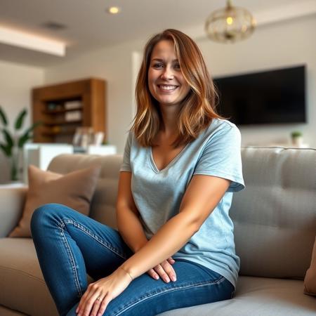 Hyperrealistic photoshot: (Kelly is sitting on the couch in a modern furnished living room, wearing t-shirt and jeans, smiling, 32 years old, brown medium-length hair, average figure, small breasts),
