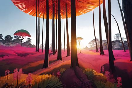 A surrealistic fusion of Reuben Wu's ethereal landscapes with Nick Knight's hyper-realistic models. A Synthetic forest of barcode trees, where creatures with Taro Okamoto's biomechanical limbs frolic and play. The sun sets in vibrant, electric hues, casting long, synthetic shadows that distort the Sharp Focus images of the models. In the distance, a satellite hovers, projecting old school designs onto the landscape, OverallDetail