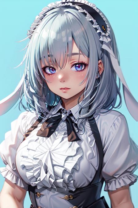 masterpiece, best quality, ultra-detailed, <lyco:fleur_de_lapin_uniform-000090:0.8>, fleur de lapin uniform, frilled hairband, 1girl, solo, breasts, looking at viewer, blush, short hair, blue eyes, large breasts, upper body, grey hair, hair over one eye, cosplay, eyes visible through hair, framed breasts