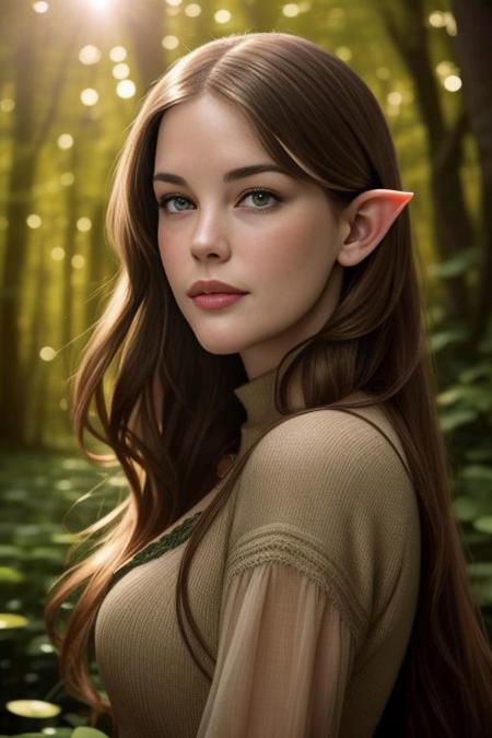 Picture, best quality, portrait photo of beautiful lady Koh_LivTyler, a woman as an elf healer, (elf ears:1.1), modelshoot style, forest, magical forest, particles, floating energy particles, radiant light, bloom, (optical flare:1.1), looking at viewer, perfect face, perfect eyes, sharp focus on viewer, 8k high definition, insanely detailed, intricate, elegant, art by marc hill and artger