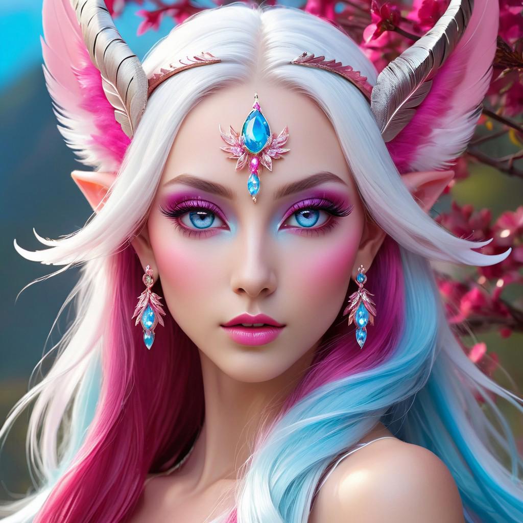 Ethereal fantasy creature in close-up, portrait-style digital artwork, almond-shaped eyes glowing vibrant pink, magenta eyeshadow, light blue to deep pink skin gradient near the cheekbones, flowing hair white at the roots transitioning to pink burgundy, white horns with delicate blue highlights, slightly turned face revealing elf-like ears, small earrings, feather-like head extension, headpiece with central gemstone, shimmering overl