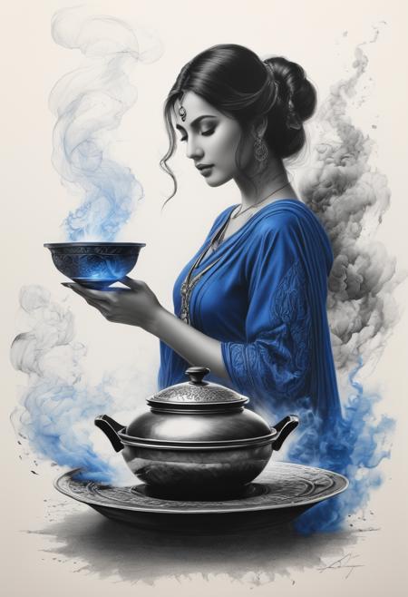 Charcoal drawing, black pencil drawing, pencil drawing, black and white drawing, graphite drawing, studio style shading on a white background from above, beautiful graphite pencil drawing, top view. Close-up of a girl, (Best quality, 4k, 8k, High resolution, masterpiece: 1.2), ultra - detailed, Mysterious blue smoke coming out of an artificial intelligence rice cooker, Transparent head of a goddess formed by blue smoke, Based on the Arabian Nights , Aladdin inspired, magic lamp, Kitchen Background, sci-fi art, Excellent, fairy tale, hyperrealistic, Mythical film, abstract, stylized