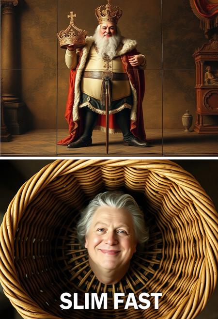 imagine a before and after commercial, the top tile has a fat king Louis XVI standing mighty and triumphant,  the bottom tile is a top down view of inside a weaved basket with the head of Louis XVI smiling at the viewer, with title "SLIM FAST"
