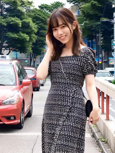 best quality, ultra high res, (photorealistic:1.4), <lora:sayurin:0.9>, 1girl, medium_hair, bangs, (smile:0.2), dress, busy street, modern city