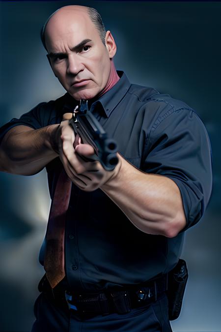 movie poster, mitch_pileggi, man, dark background, holding a gun pointing up, dramatic lighting, realistic, highly detailed
<lora:mitch_pileggi:0.8>