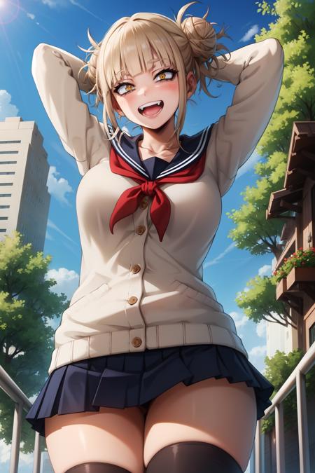 HimikoU1, 1girl, solo, bangs, blonde hair, yellow eyes, blunt bangs, hair bun, double bun, sidelocks, messy hair, looking at viewer, smile, blush, bags under eyes, teeth, school uniform, sailor collar, open mouth, serafuku, fangs, breasts, big breasts, cardigan, narrowed eyes, long sleeves, neckerchief, red neckerchief, cowboy shot, slit pupils, blue saillor collar, skirt, sharp teeths, :d, pleated skirt, collarbone, short hair, blue skirt, kneehighs, arms behind head, arms up, outdoors, day, buildings, city, clouds, balcony, trees, bushes, (from below:1.2), hourglass body, curvy,
 <lora:HimikoU2:0.8>