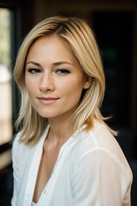 RAW photo of helfisch, face portrait, blonde, white shirt, 8k uhd, dslr, soft lighting, high quality, film grain, Fujifilm XT3,  <lora:helfisch:1>