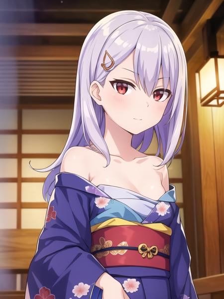 best quality, (masterpiece:1.2), highly detailed, (masterpiece), (illustration),
onsen, in onsen, night, indoor,
(from front), (face), (face focus:1.2),
open kimono, collarbone,
1girl, solo, long hair, red eyes, silver hair, hair between eyes, hair ornament, bangs, eyebrows visible through hair, hairclip, small breasts,
shy, blush, (looking at viewer), facing viewer, POV, light smile,
<lora:character_SETSUNA:0.7>