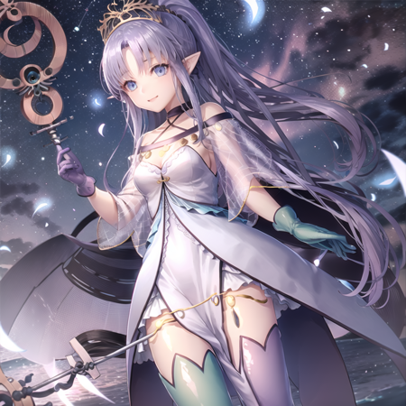 Medea_Lily a close up view showing a character  with long blue hair, 1girl, solo, pointy ears, long hair, gloves, thighhighs, blue eyes, staff, ponytail, dress,